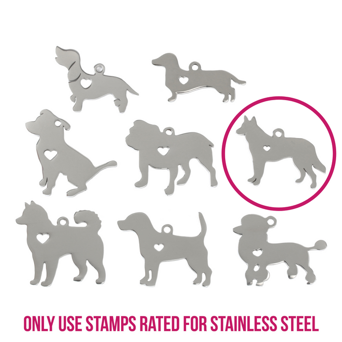 Stainless Steel German Shepherd Dog with Heart Cutout and Top Loop, 23mm (.91") x 22m (.87"), 14g