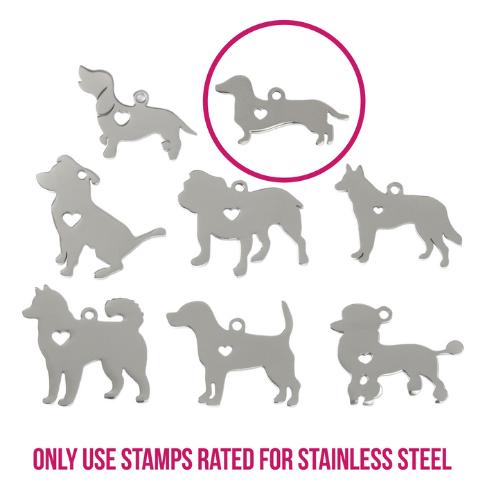 Stainless Steel Dachshund Dog with Heart Cutout and Top Loop, 29mm (1.14") x 15mm (.59"), 14g
