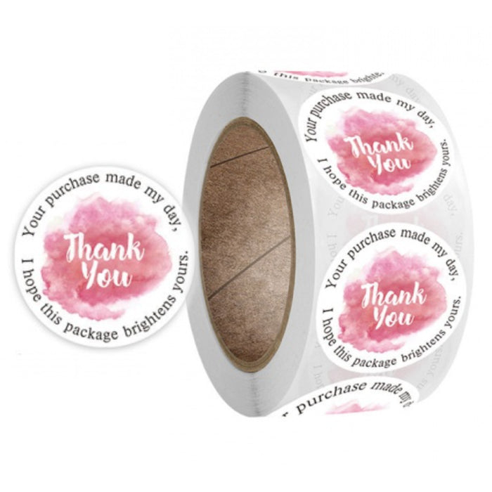 Thank You Stickers, Pink Watercolor, 1" Round - Roll of 500