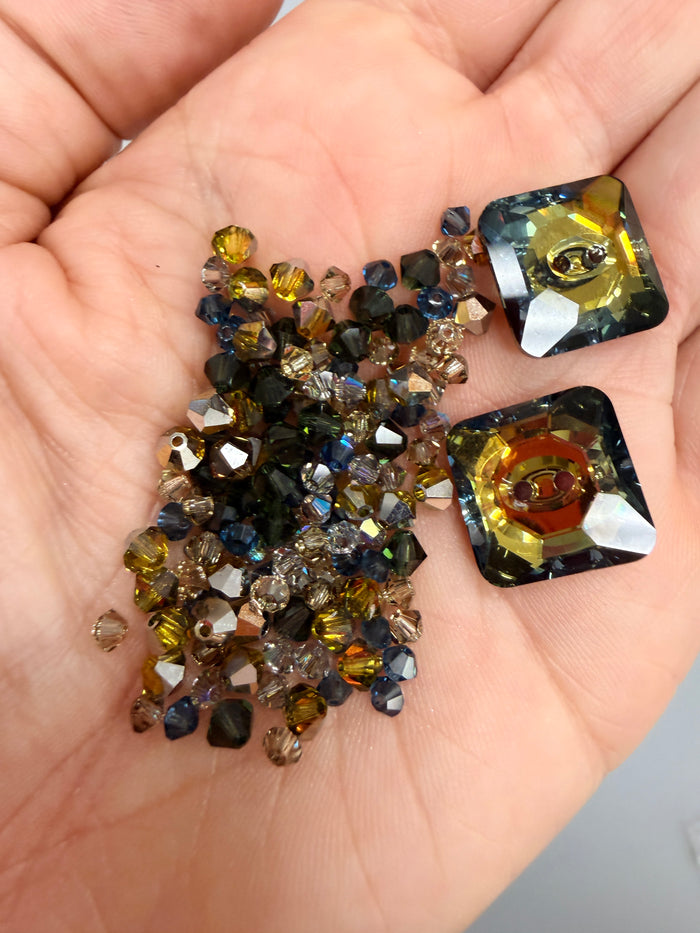 Blues and Greens Pack Swarovski Bicones and 2 Buttons - Destash *Please Read Description