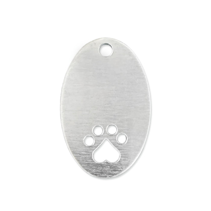 Aluminum BULK Oval with Paw Print Cutout, 35mm (1.37") x 22.1mm (.87"), with Hole, 14 Gauge, Pack of 25