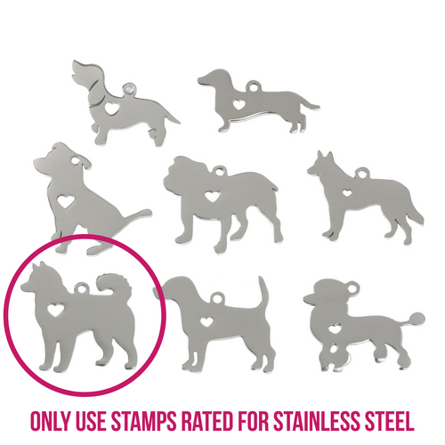 Metal Stamping Blanks Stainless Steel Husky Dog with Heart Cutout and Top Loop, 27.4mm (1.1") x 27mm (1.1"), 14g