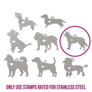 Metal Stamping Blanks Stainless Steel German Shepherd Dog with Heart Cutout and Top Loop, 23mm (.91") x 22m (.87"), 14g