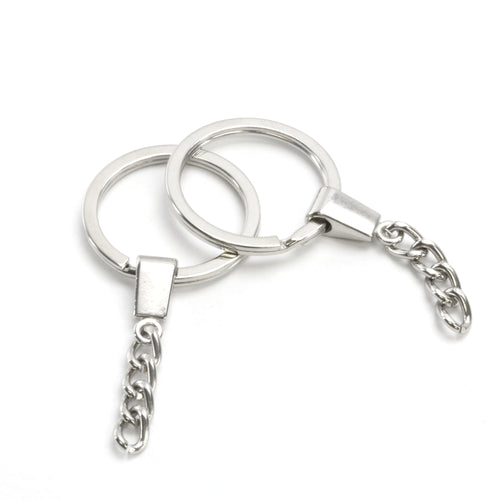 Rivets and Findings  Base Metal Silver Color, 30mm (1.18") Split Ring, Key Ring with Chain - Pack of 5