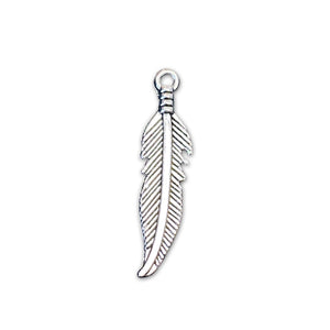 Base Metal Long Thin Feather Charm 27mm (1.06"), Pack of 10