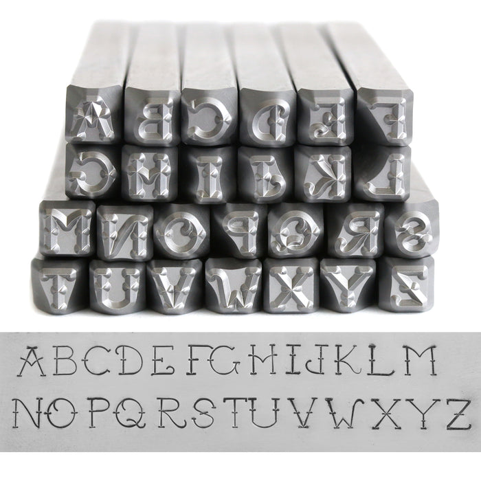 Beaducation Exact Series, Vintage Tattoo Uppercase Letter Stamp Set 4mm, By Stamp Yours, Tapered Down Shanks